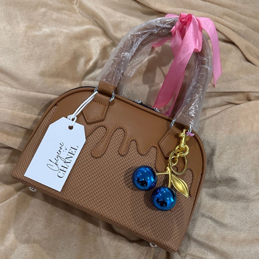 Cheyenne Chanel Tan Satchel with Pink and Blue Details